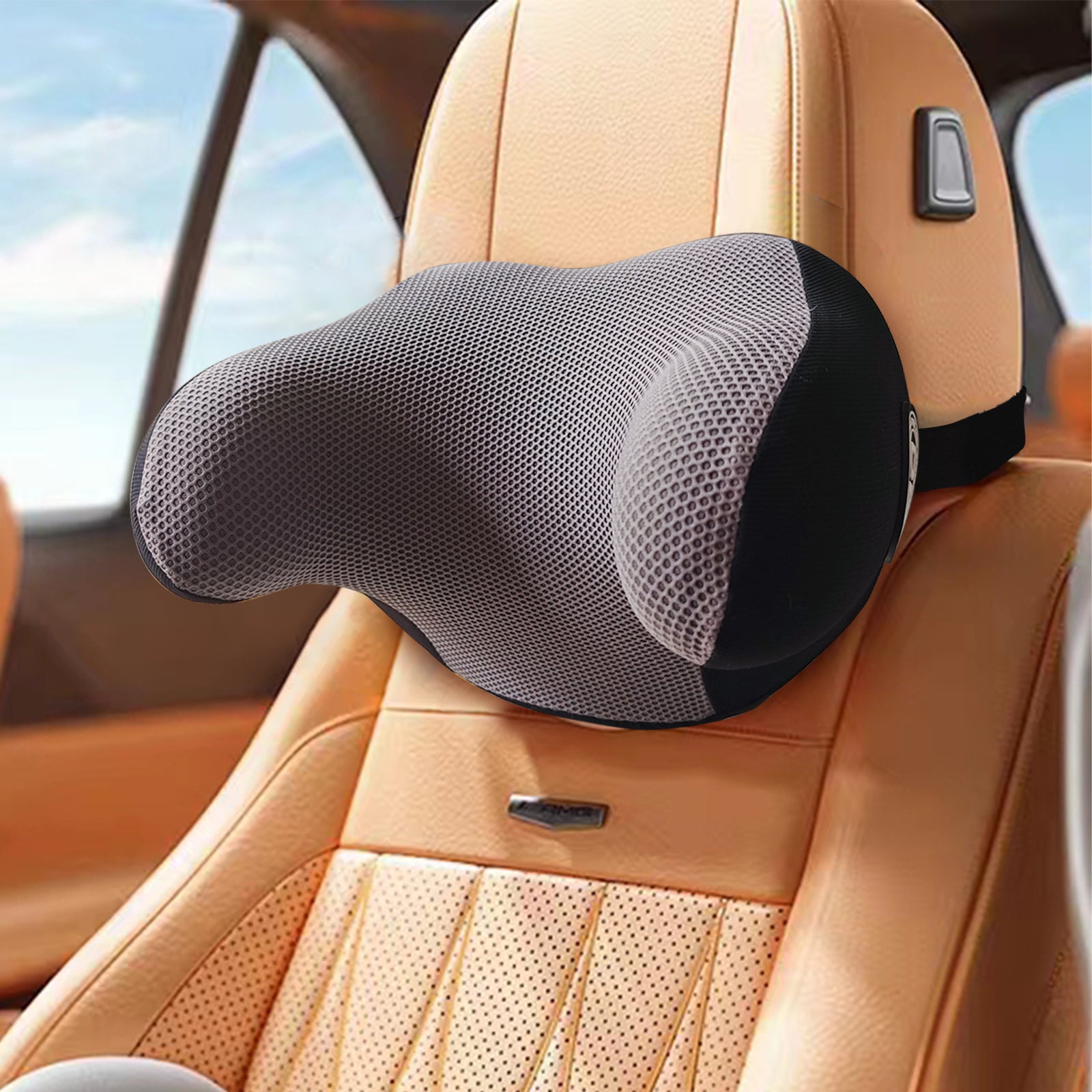 Really Cozy Car Headrest Pillow, Car Neck Pillow for Driving with Adjustable Strap, 100% Memory Foam and Breathable Removable Cover, Ergonomic Design - Car Pillow for Neck Pain Relief(Linen gray, 1PC)