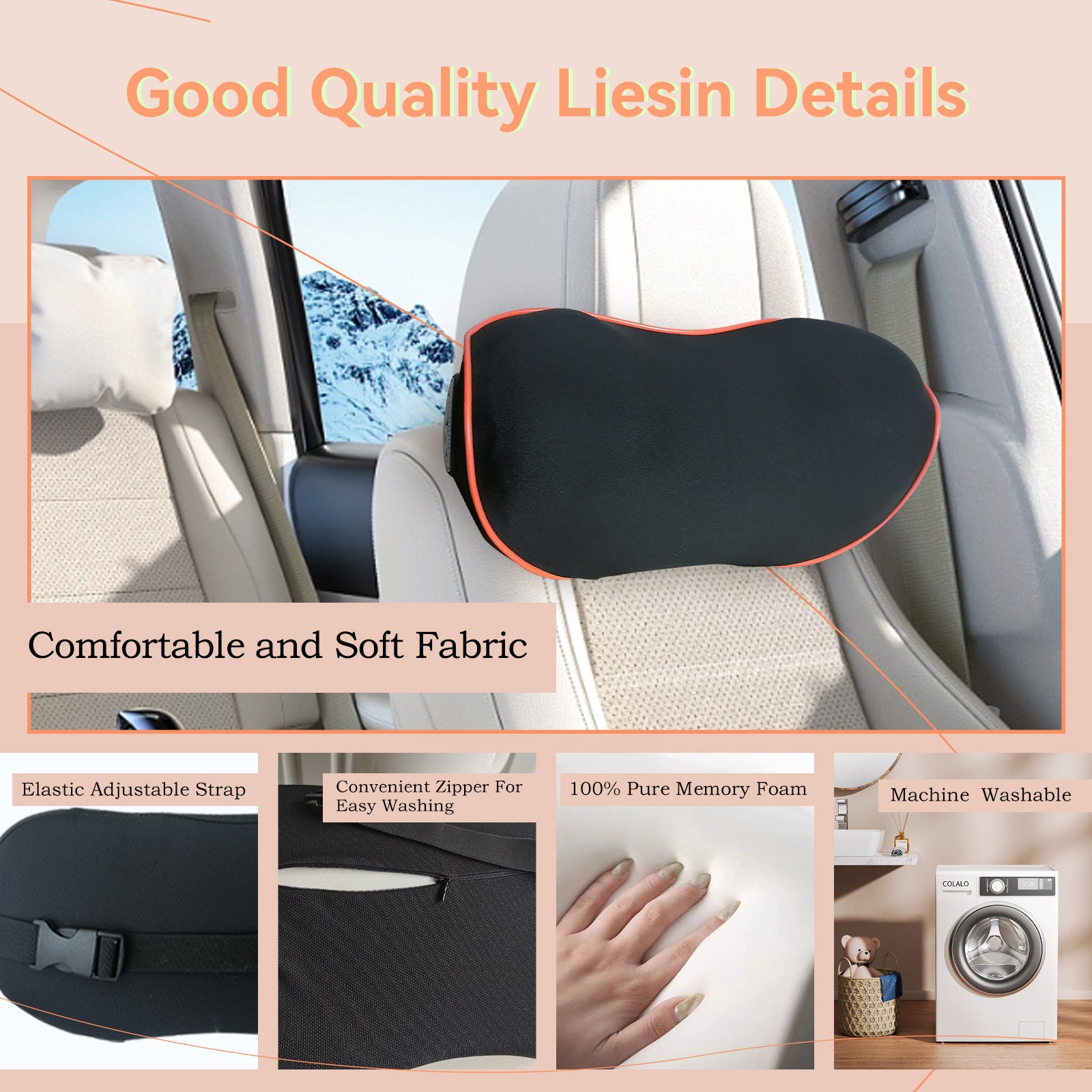 Really Comfy Car Headrest Pillow, Car Pillow for Driving with Adjustable Strap, Space Memory Foam Neck Pillow, Breathable Removable Cover - Travel Neck Pillow(Lightorange Side Rope)