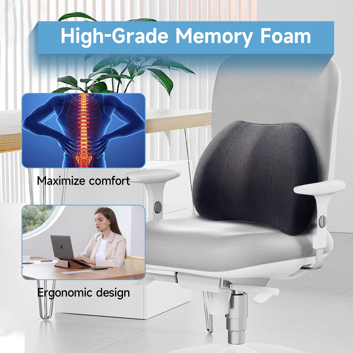 Really Plush Lumbar Support Pillow for Car Seat, Perfectly Balanced 100% Memory Foam Lumbar Pillow - Breathable Removable Cover & Ergonomic Design, Back Pillow for Back Pain Relief(Black, 1PC)