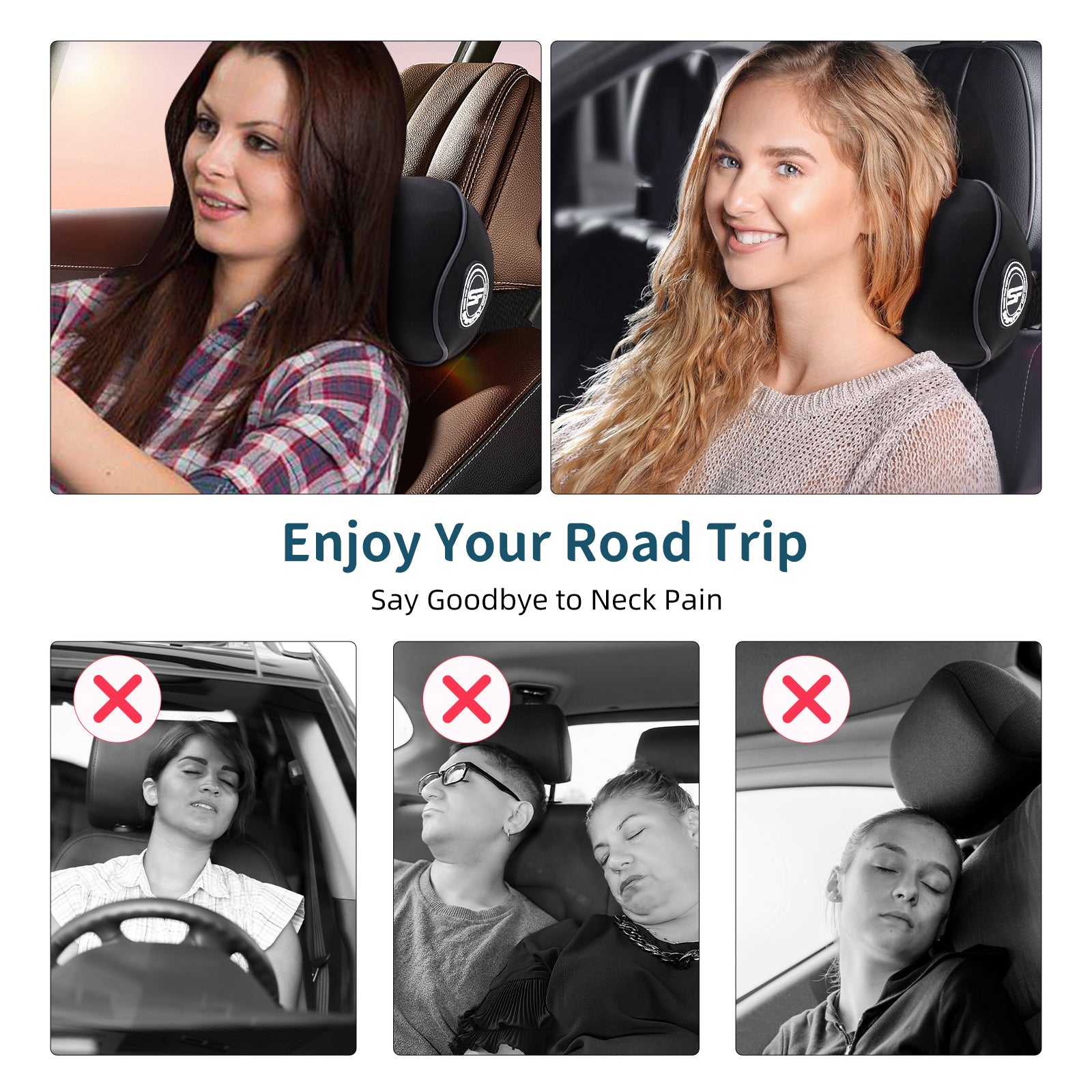 2 Pack - Car Headrest Pillow for Neck Support, 100% Memory Foam Car Neck Pillow with Sleep Mask - Universal Fit Head Rest Travel Pillow Car Pillow for Pain Relief While Driving(Contains 2 Eye Masks)