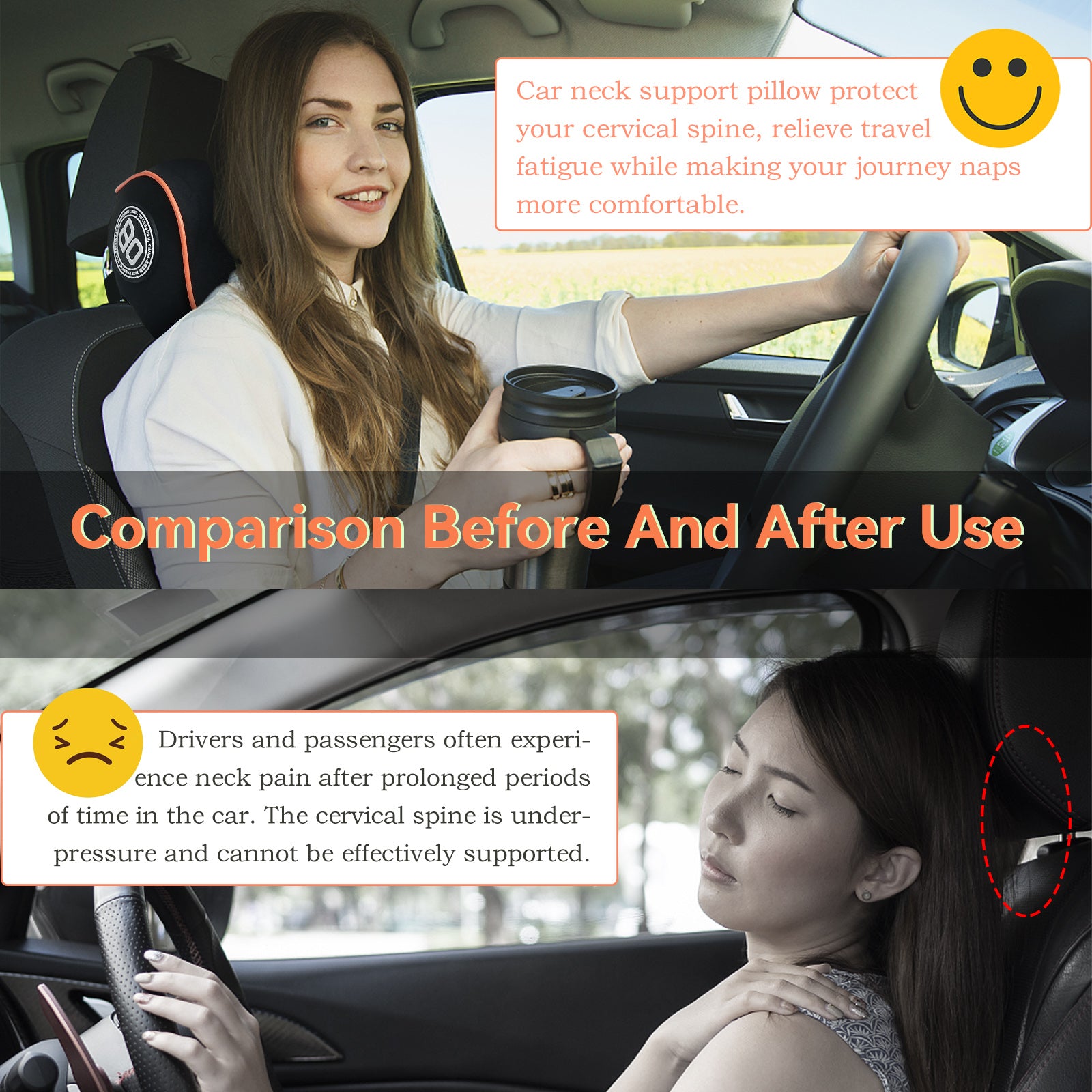Really Comfy Car Headrest Pillow, Car Pillow for Driving with Adjustable Strap, Space Memory Foam Neck Pillow, Breathable Removable Cover - Travel Neck Pillow(Lightorange Side Rope)