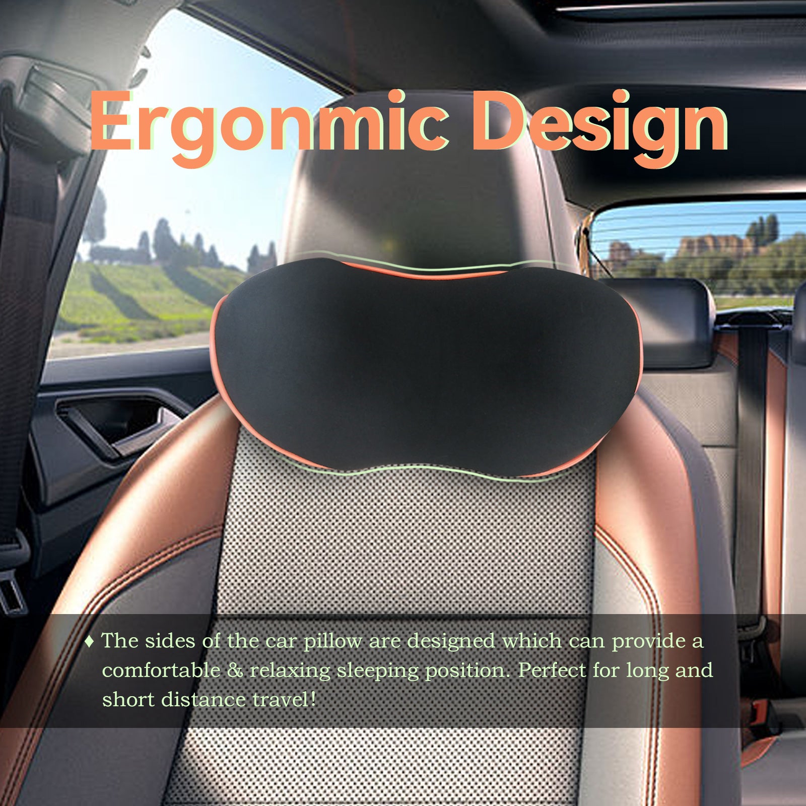 Really Comfy Car Headrest Pillow, Car Pillow for Driving with Adjustable Strap, Space Memory Foam Neck Pillow, Breathable Removable Cover - Travel Neck Pillow(Lightorange Side Rope)